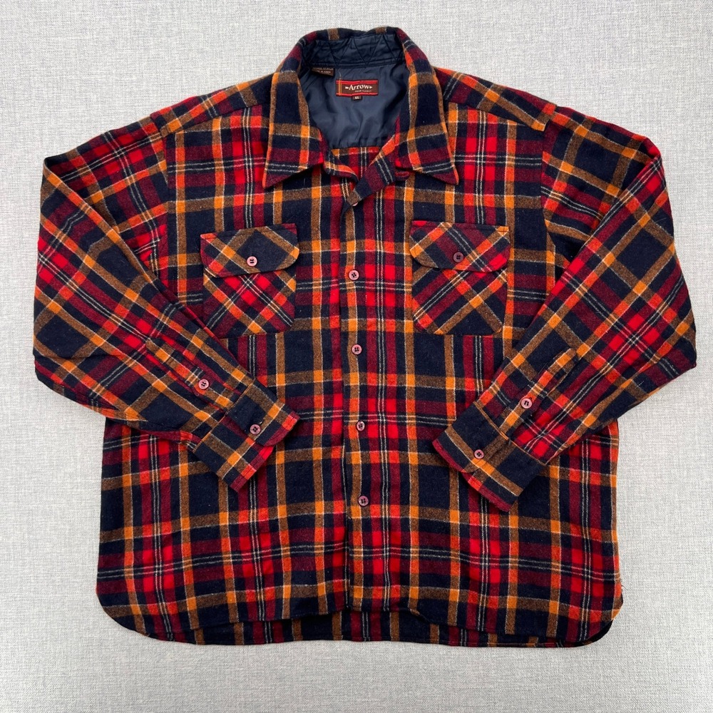 VTG 80s Arrow Wool Flannel Shirt Jacket Men XL Red Navy Plaid Loop Collar Retro